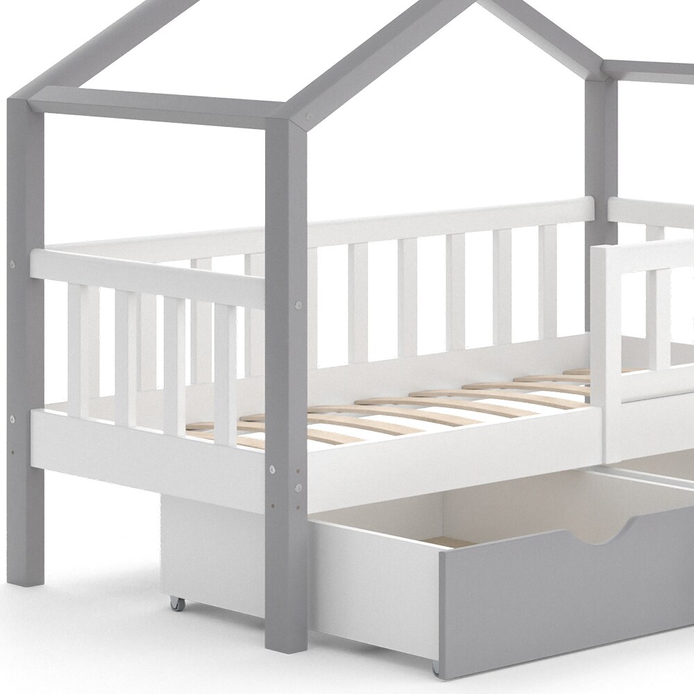 VitaliSpa Kinderbett Hausbett Einzelbett Design Weiß Grau modern 70x140 cm Kinderzimmer Bett Massivholz Lattenrost Schublade Rausfallschutz Schubladenbett
