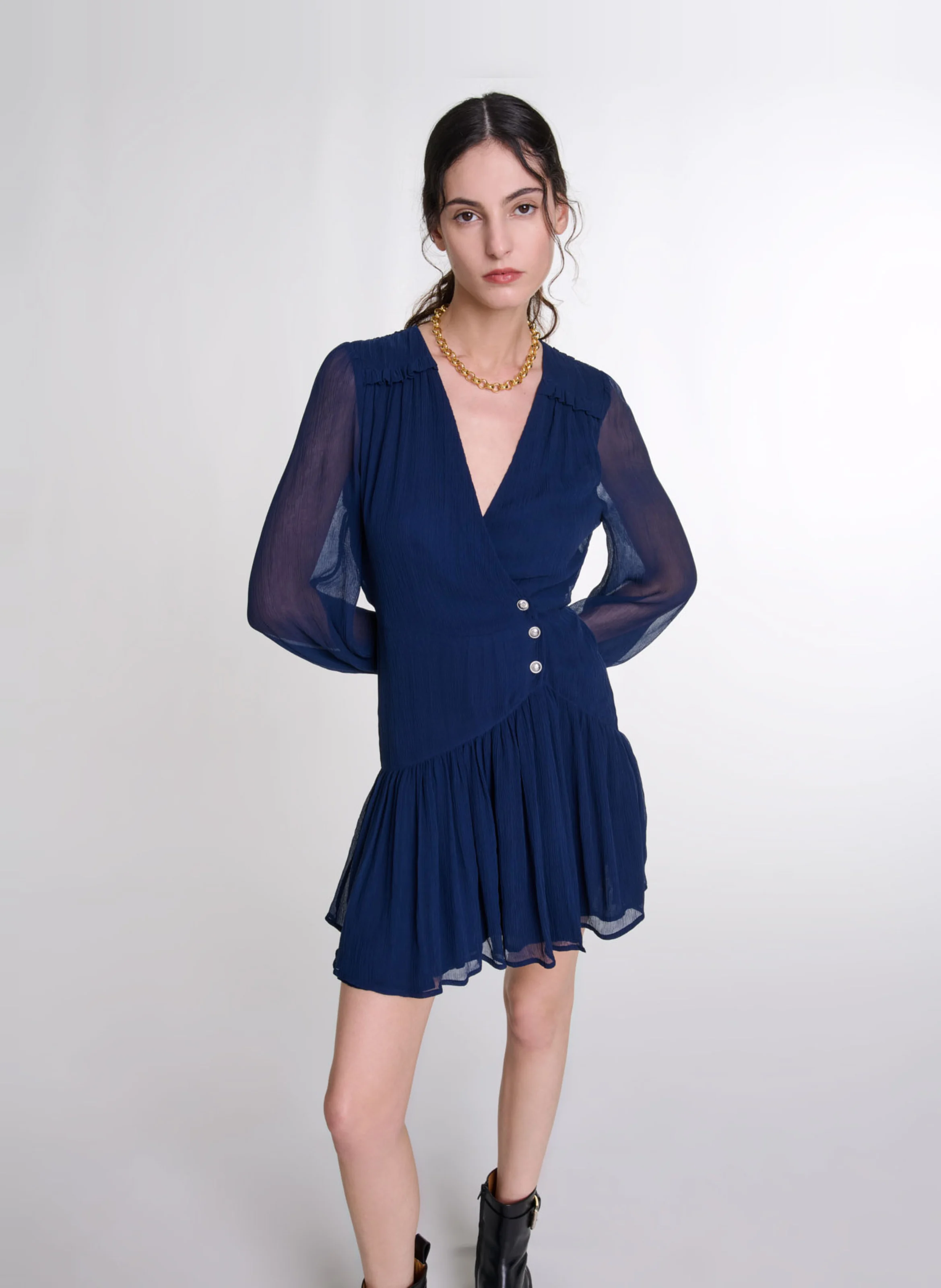 Robe courte volantée col V | Bleu