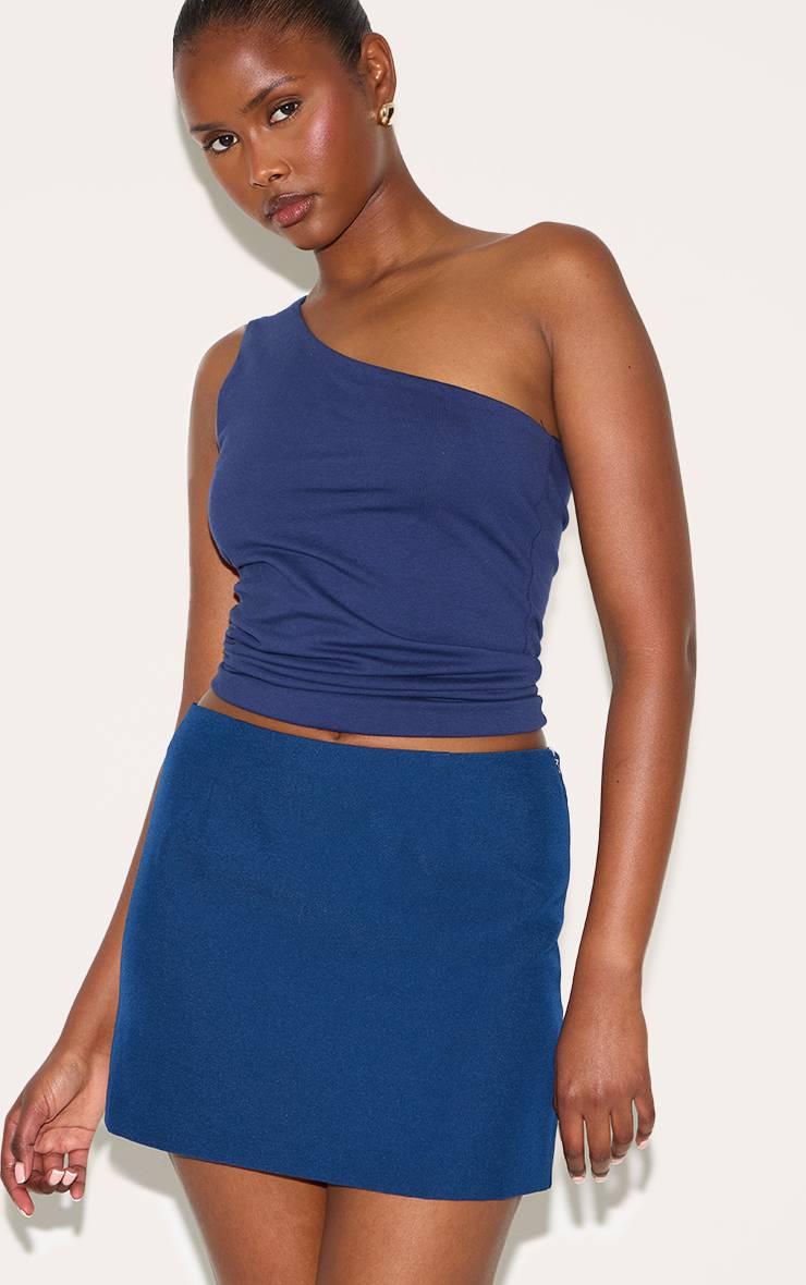 Bleu Marine Mini-jupe Taille Haute Évasée En Tissu Tissé