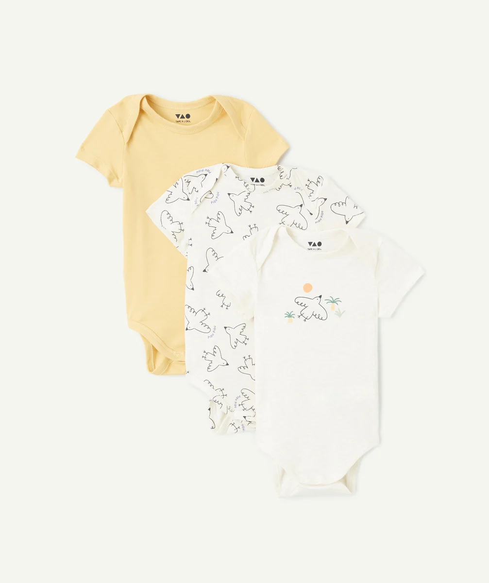 lot de 3 bodies bébé en coton bio uni jaune et imprimé thème oiseaux