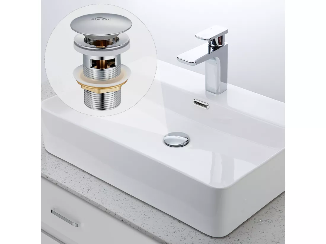 AuraLum Max Bonde de Lavabo avec Trop Plein, Bonde de Vidange Lavabo, Bonde de Lavabo Pop Up, Bonde de Lavabo Universelle, Chromé,EU Modèle