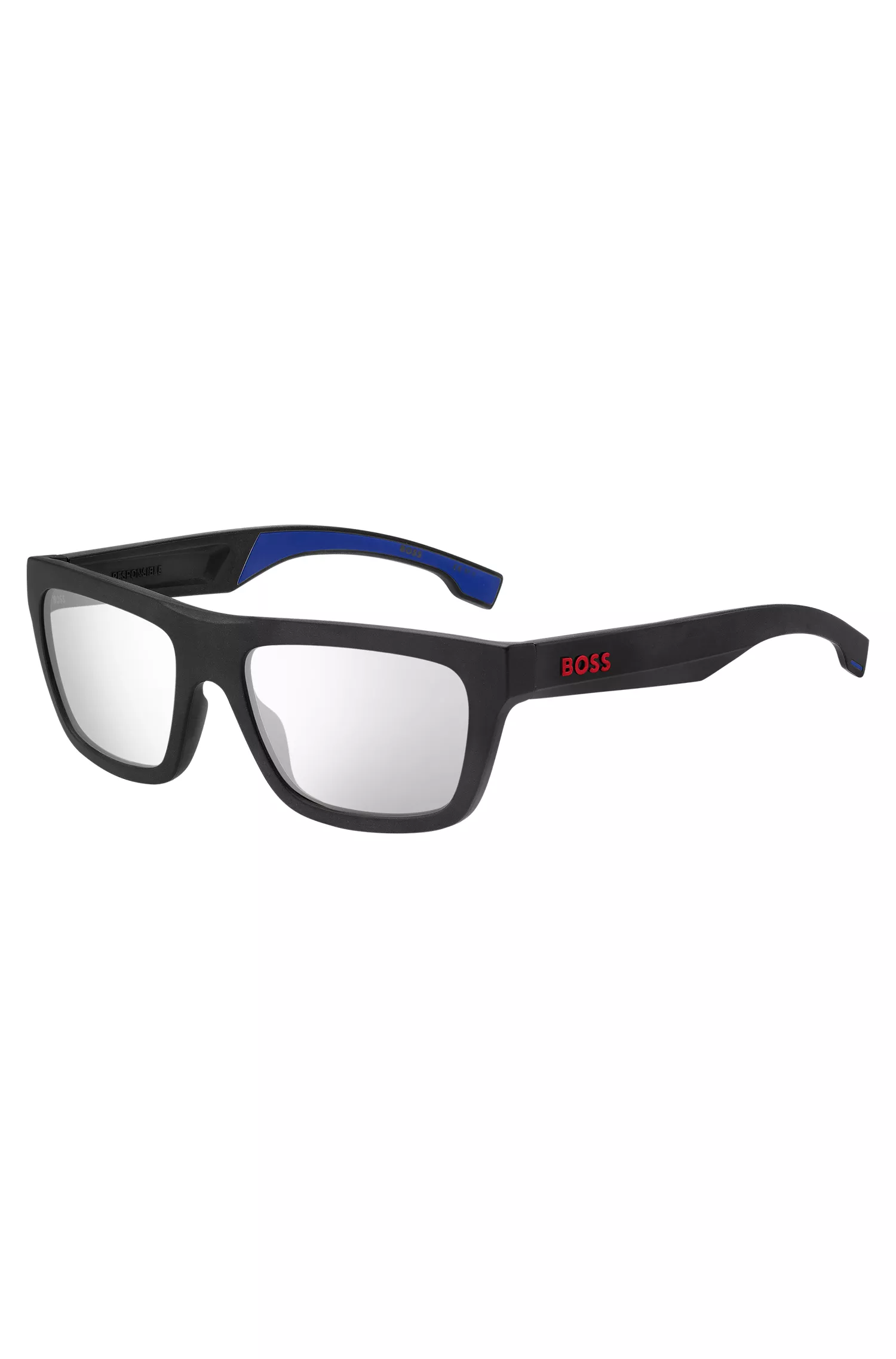 Óculos de sol BOSS em acetato preto com hastes internas emborrachadas em azul.