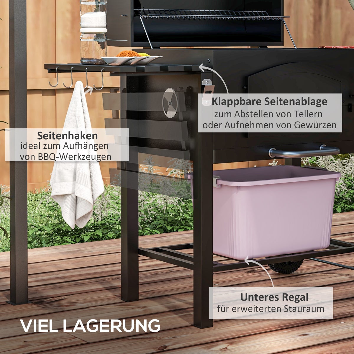 Outsunny Houtskoolgrill, BBQ Tuingrill, met Rookoven, Warmhoudplaat, Planken, 124 x 66 x 112 cm, Metaal, Zwart