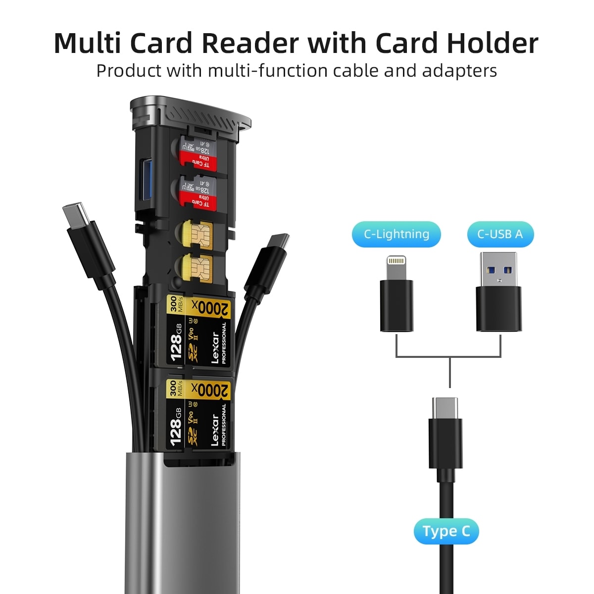 NÖRDIC USB-A 3.1, USB-C 3.1, Lightning-kortleser og lagringsskap 2 spor SD, MicroSD, 1xUSB-A UHS-I