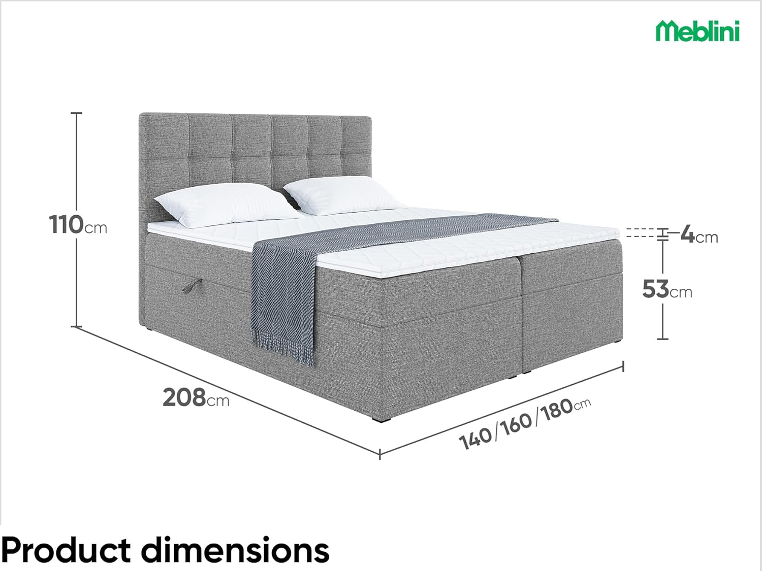 MEBLINI Boxspringbett mit Bettkasten - Gepolstert Doppelbett mit Matratze und Topper - Polsterbett mit Stauraum - Bett mit Kopfteil - Stauraumbett - NILS - 180x200 - H3/Grau Webstoff