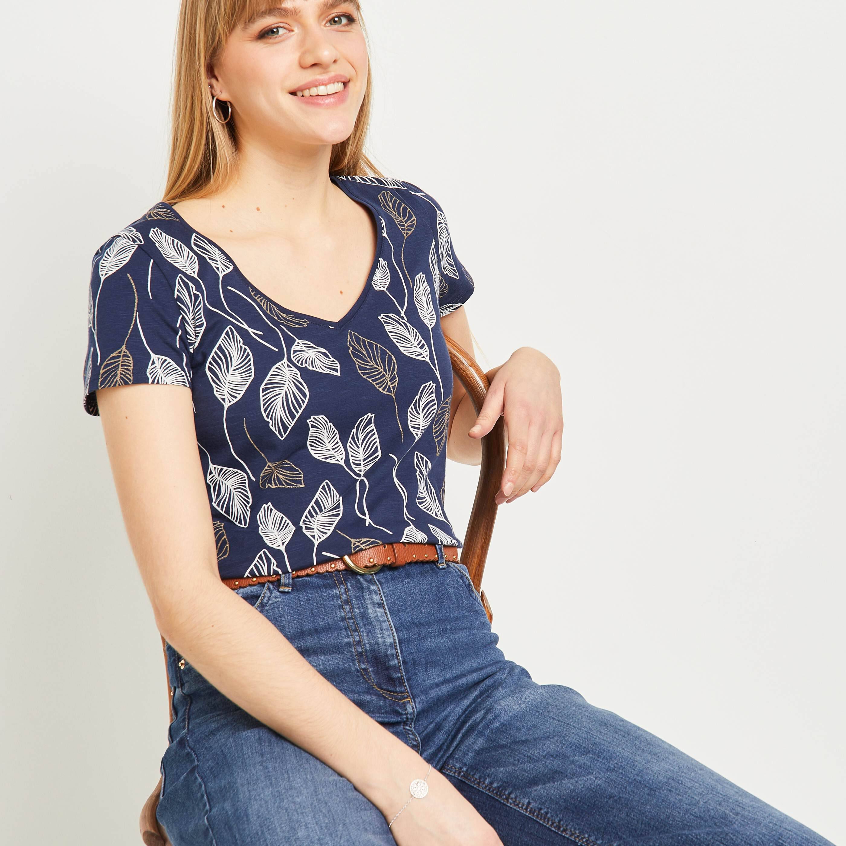 T-shirt imprimé col V femme - MARINE