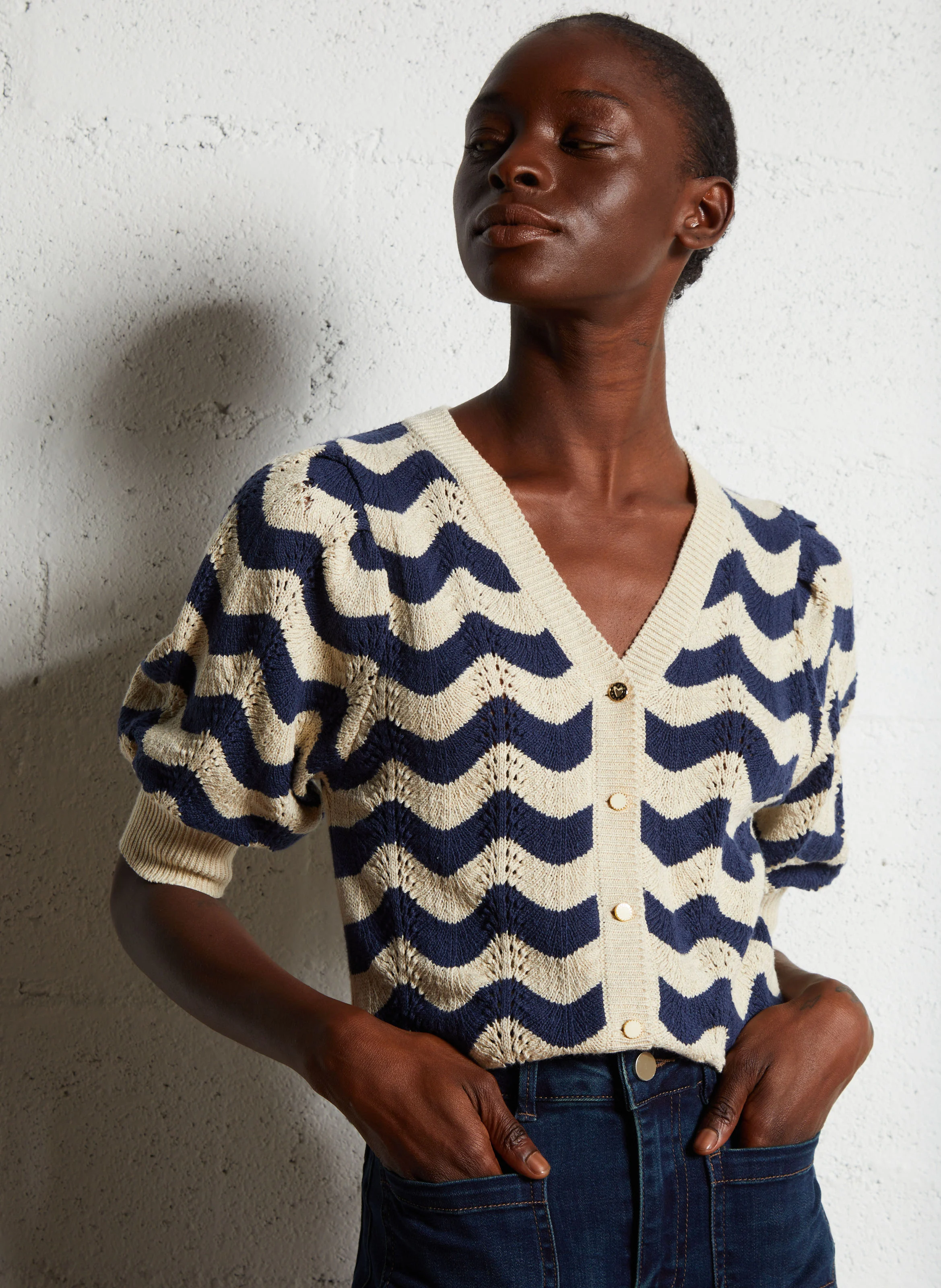 Gilet manches courtes rayé en coton mélangé | Bleu