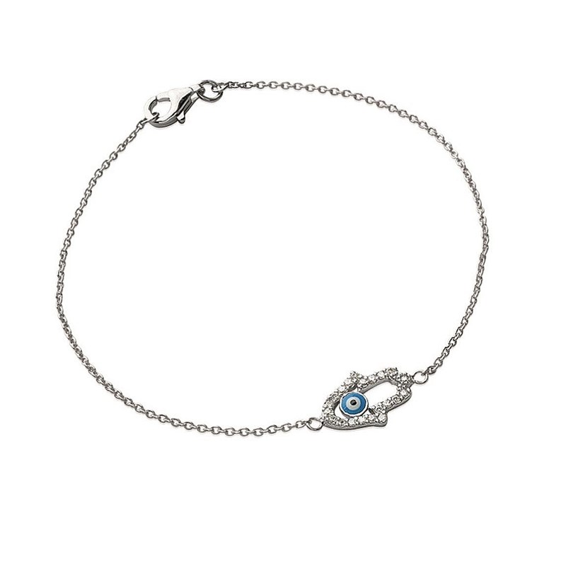 Bracelet main de Fatma serti d'oxyde de zirconium oeil bleu Argent 925 Rhodié