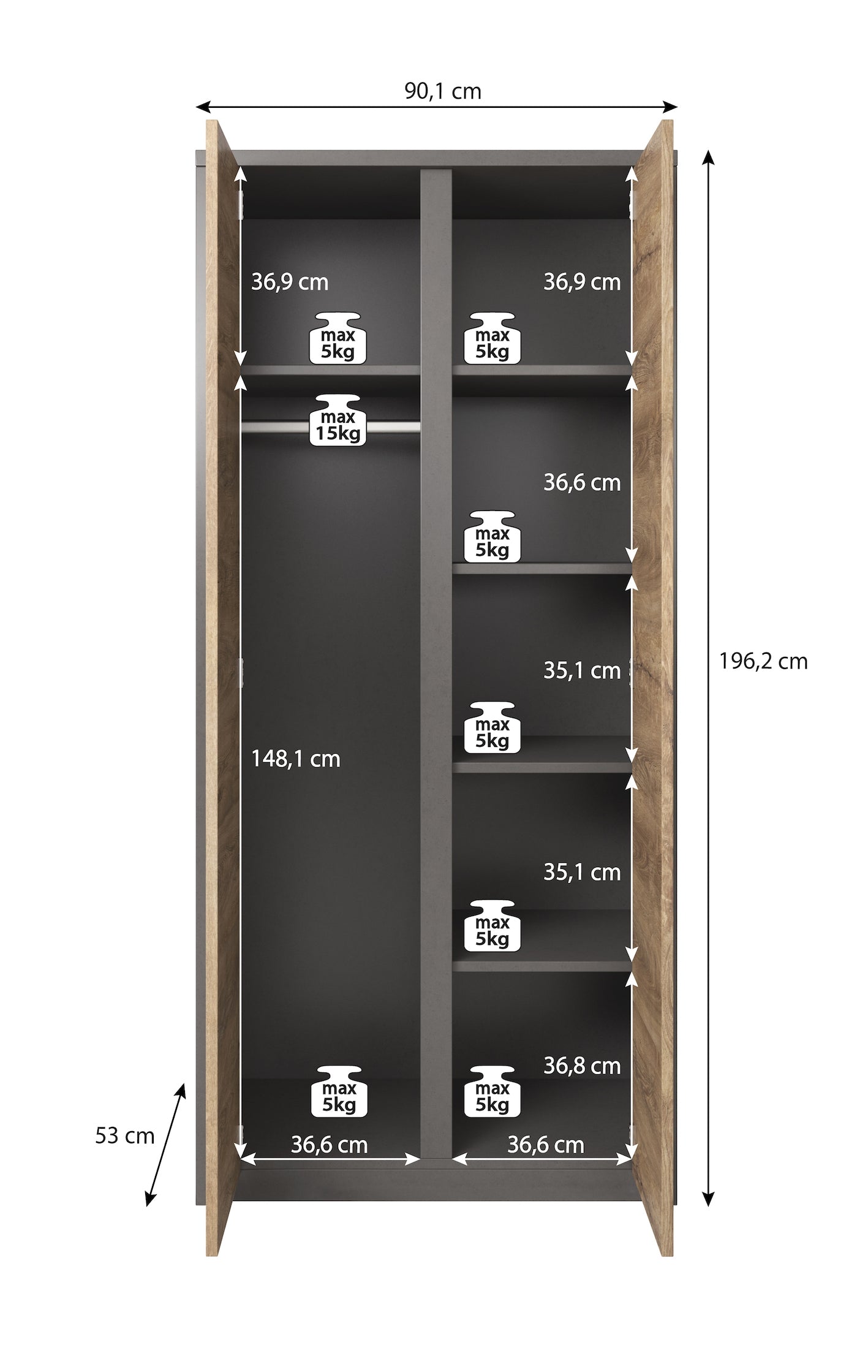 Meubella - Kledingkast Melody - Grijs - Eiken - 90 cm