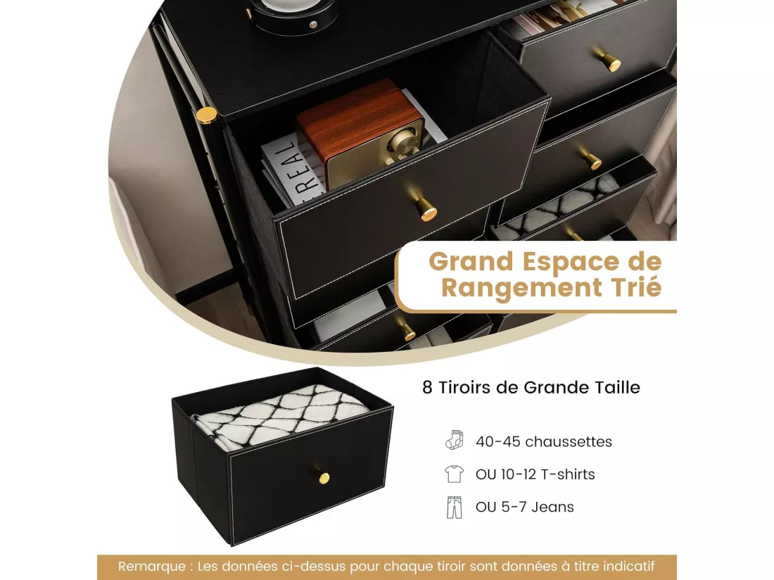 Commode Chambre, Commode Chambre Adulte 8 Tiroirs en Cuir PU et Tissu Pliable, Cadre en Métal, Chiffonnier Moderne avec Poignée Doré, Commode Rangement pour Salon, Entrée, Noir (8 Tiroirs)