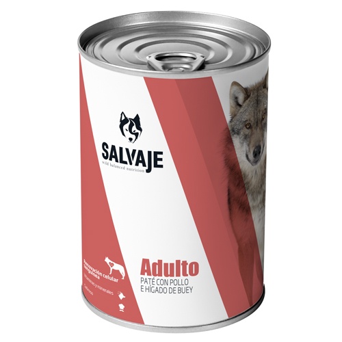Patê de fígado de frango selvagem adulto e fígado de boi em lata para cães.