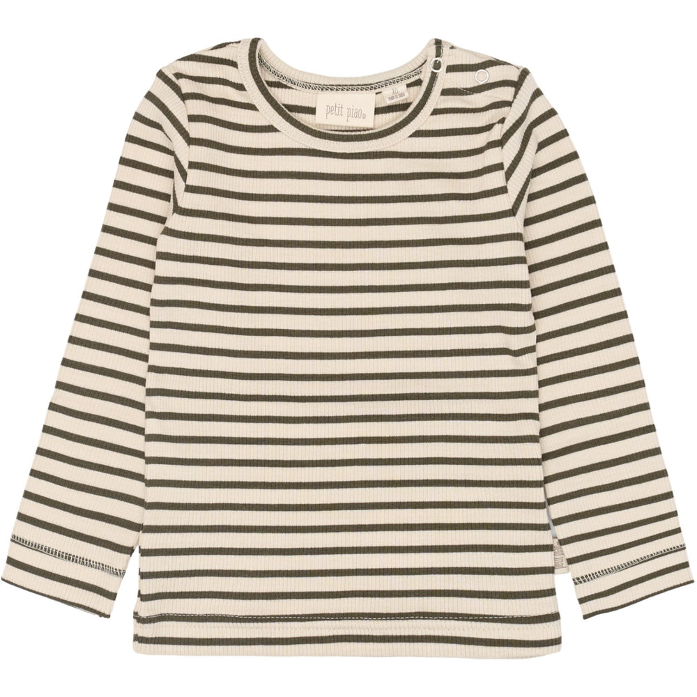 Køb Petit Piao Green Leaf/off White T-shirt L/S Modal Striped