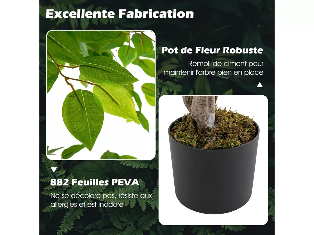 Plante Artificielle de 150CM avec Pot Rempli de Ciment, Ficus Artificiel avec 882 Feuilles Tronc Réaliste Mousse Séchée, Fausse Arbre Décoration du Magasin Bureau Maison