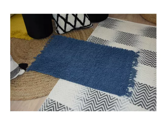 Tapis de bain en coton uni à franges marine 50x70cm