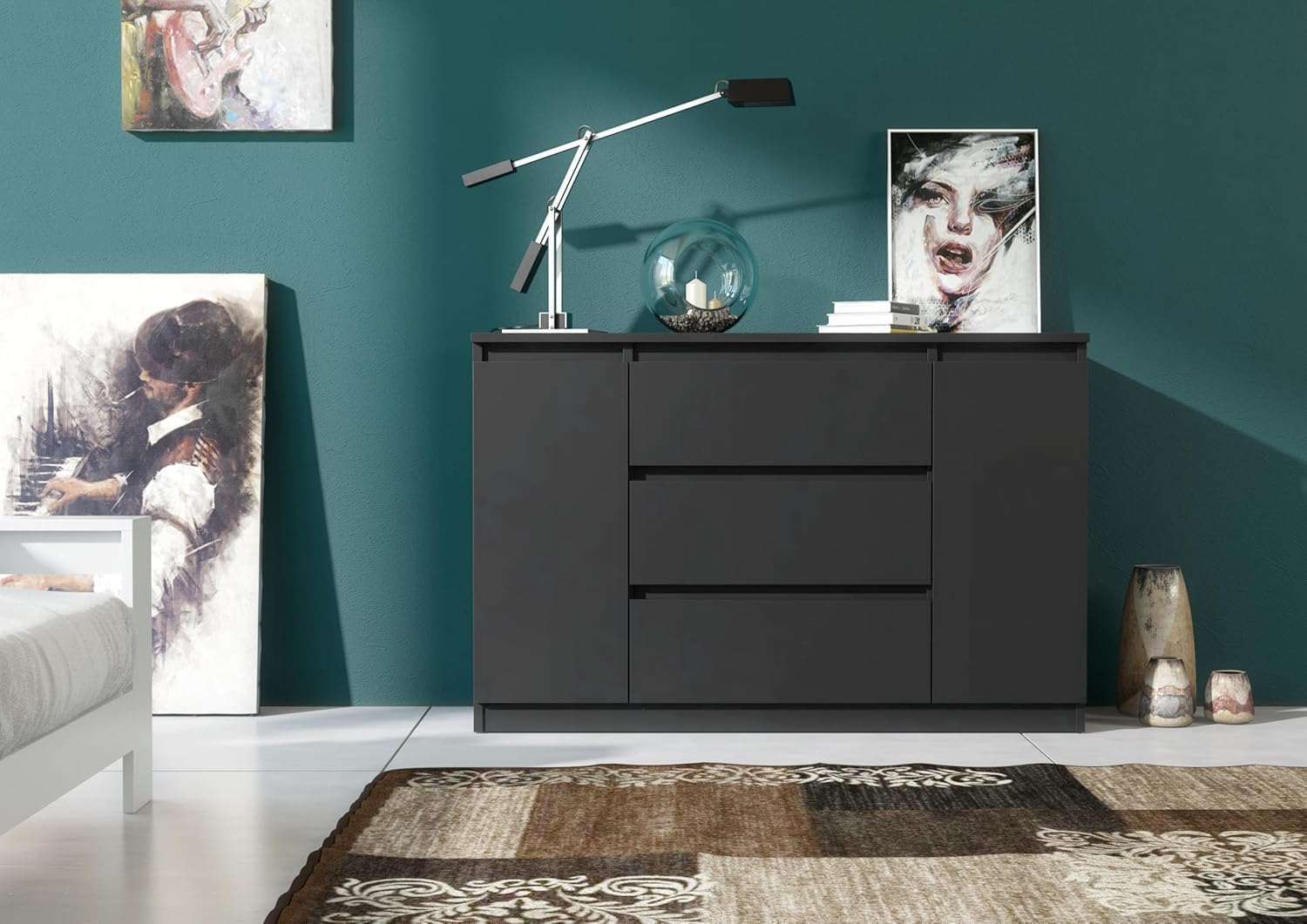 meble masztalerz Kommode 140 cm mit 3 Schubladen & 2 Türen – Schwarz Matt – Sideboard Schlafzimmer Wohnzimmer Flur – Schubladenschrank Holz Modern Design