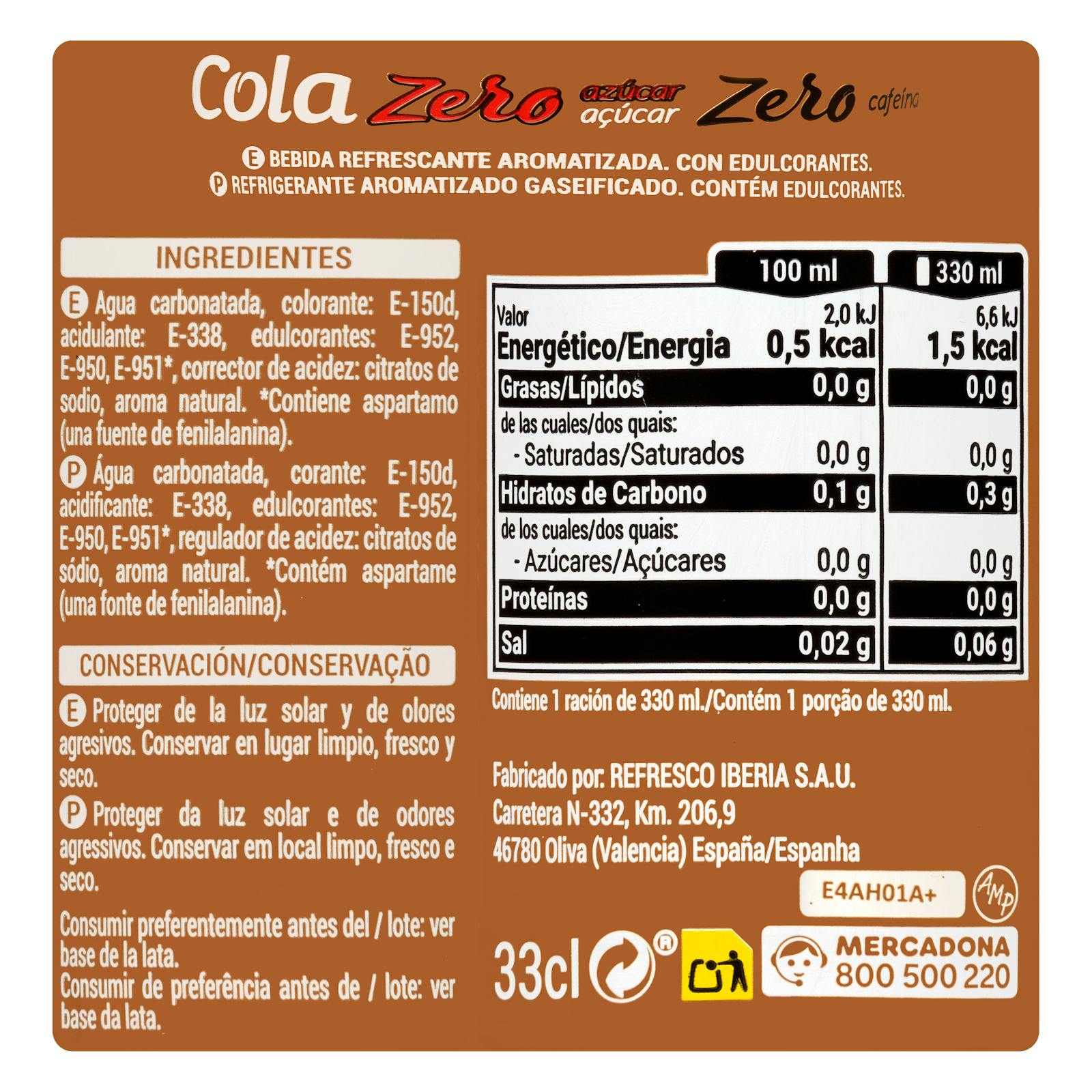 Boisson gazeuse Hacendado Cola Zéro sucre Zéro caféine