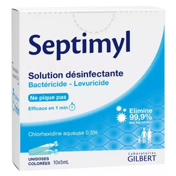 Solução desinfetante Septimyl da Gilbert Laboratories, 10 frascos de dose única.
