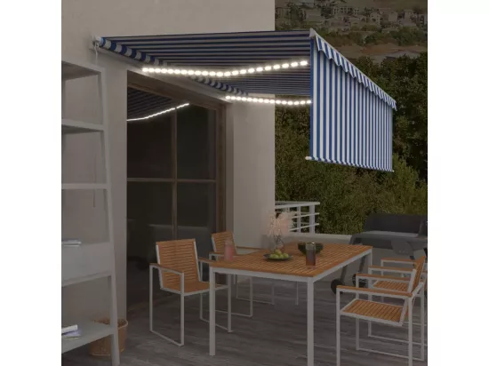 Auvent manuel rétractable avec store et LED 4x3 m Bleu et blanc