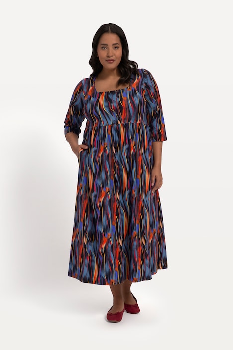 Jerseykleid, A-Line, Streifen, , Empirenaht, Carree-Ausschnitt, 3/4-Arm