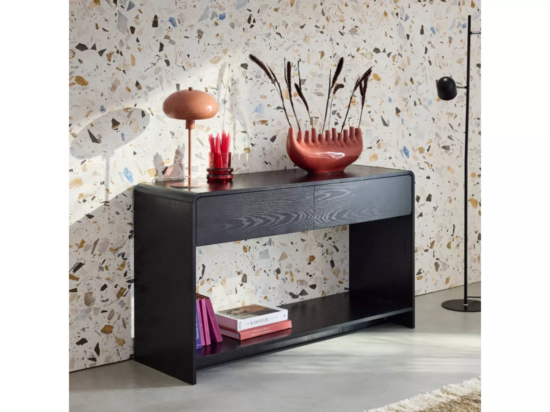 Console 2 tiroirs. 1 étagère. effet bois noir arrondi