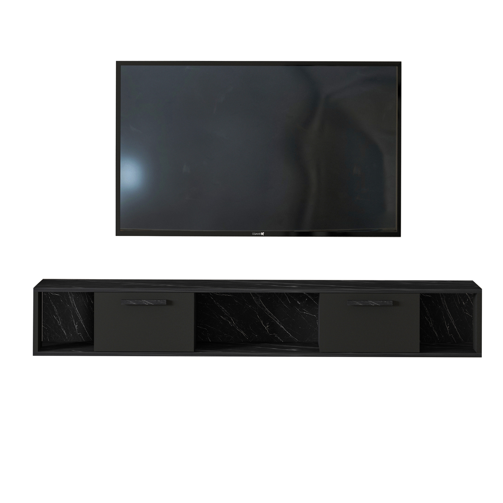 TV-Lowboard - schwarz - Marmoroptik - hängend - 160 cm