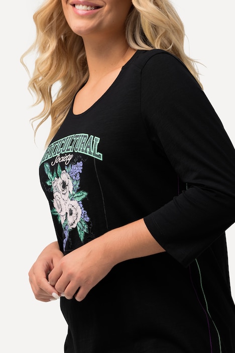 Shirt, Blumenmotiv, Gummisaum, Rundhals, 3/4-Arm