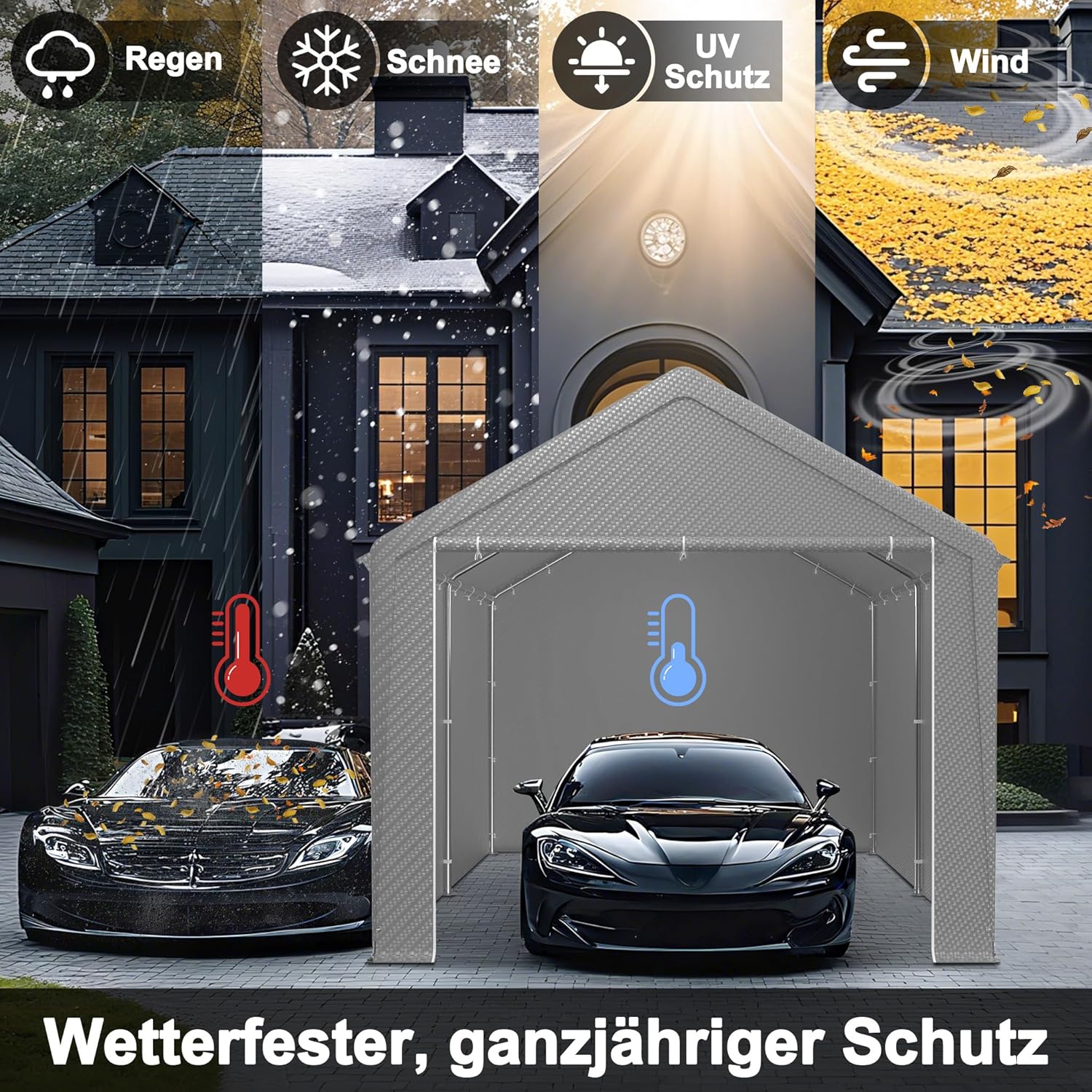 Aufun Carport Zeltgarage 3x4m, Wasserdichtes Lagerzelt mit PE-Dach, Reißenresistenter Garagenzelt mit abnehmbaren Seitenwänden, UV-beständig Winterfest Unterstand für Auto, SUV, LKW, Boot, Grau