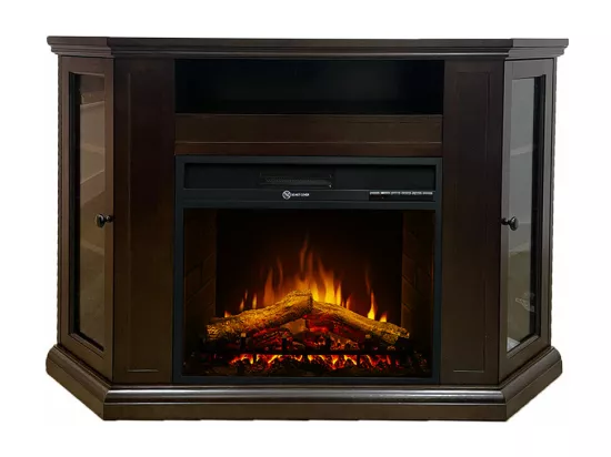 Cheminée électrique d'angle au sol en bois de noyer L126 x P78 x H83