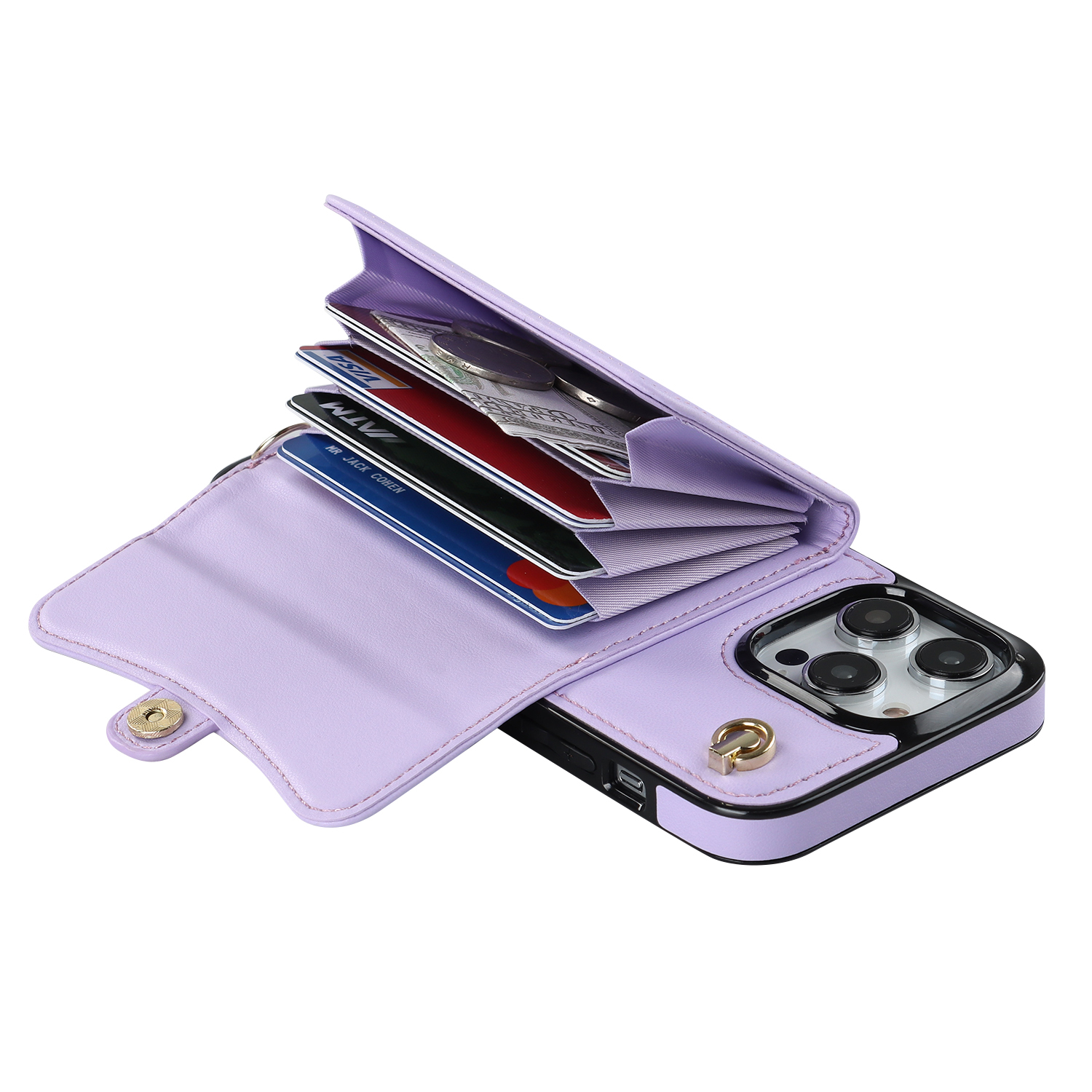 iPhone 12 / iPhone 12 Pro Necklace Leder Schutz Hülle mit Kartenfach   Handykette (140cm) - Lila