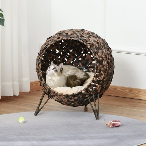 Rattan Katt Sengepute Hevede Føtter Katt Soveplass Brun Ø52X58Cm