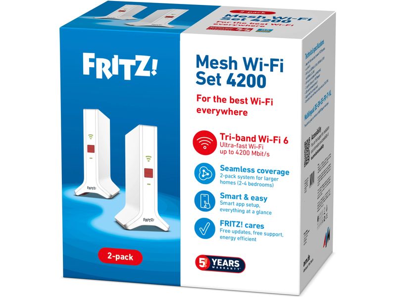 AVM WLAN-Mesh-Repeater Set 4200 2-pack Edition Internationa Mesh Set 4200 2-pack Edition International Netzwerk-Repeater 4200 Mbps Rot, Weiss