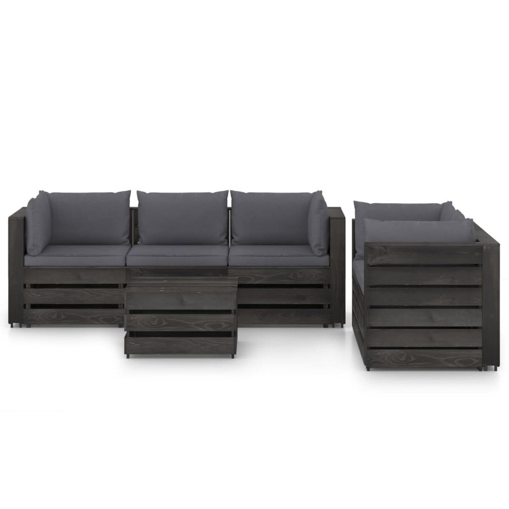 Salon de jardin meuble d'extérieur ensemble de mobilier 6 pièces avec coussins bois imprégné de gris