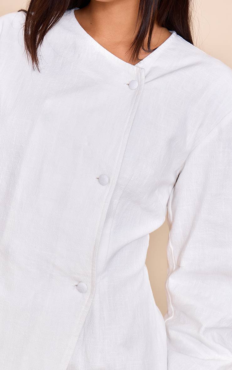 Blanc Robe Courte En Lin Premium À Taille Cintrée Et Manches Cocon