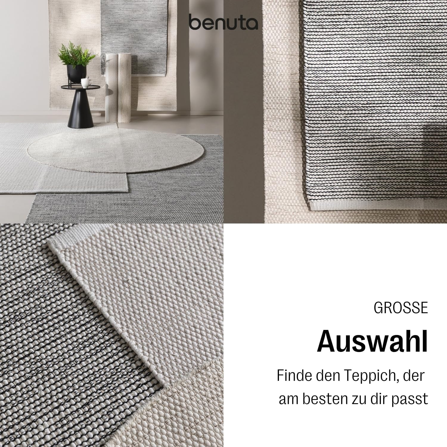 benuta Basic handgewebter Baumwollteppich Ron - Beige/Schwarz 200x290 cm - Handwebteppich aus 100% Baumwolle - Style: Uni, Minimalistisch, Natural Living - Pflegeleicht für Wohnzimmer Schlafzimmer