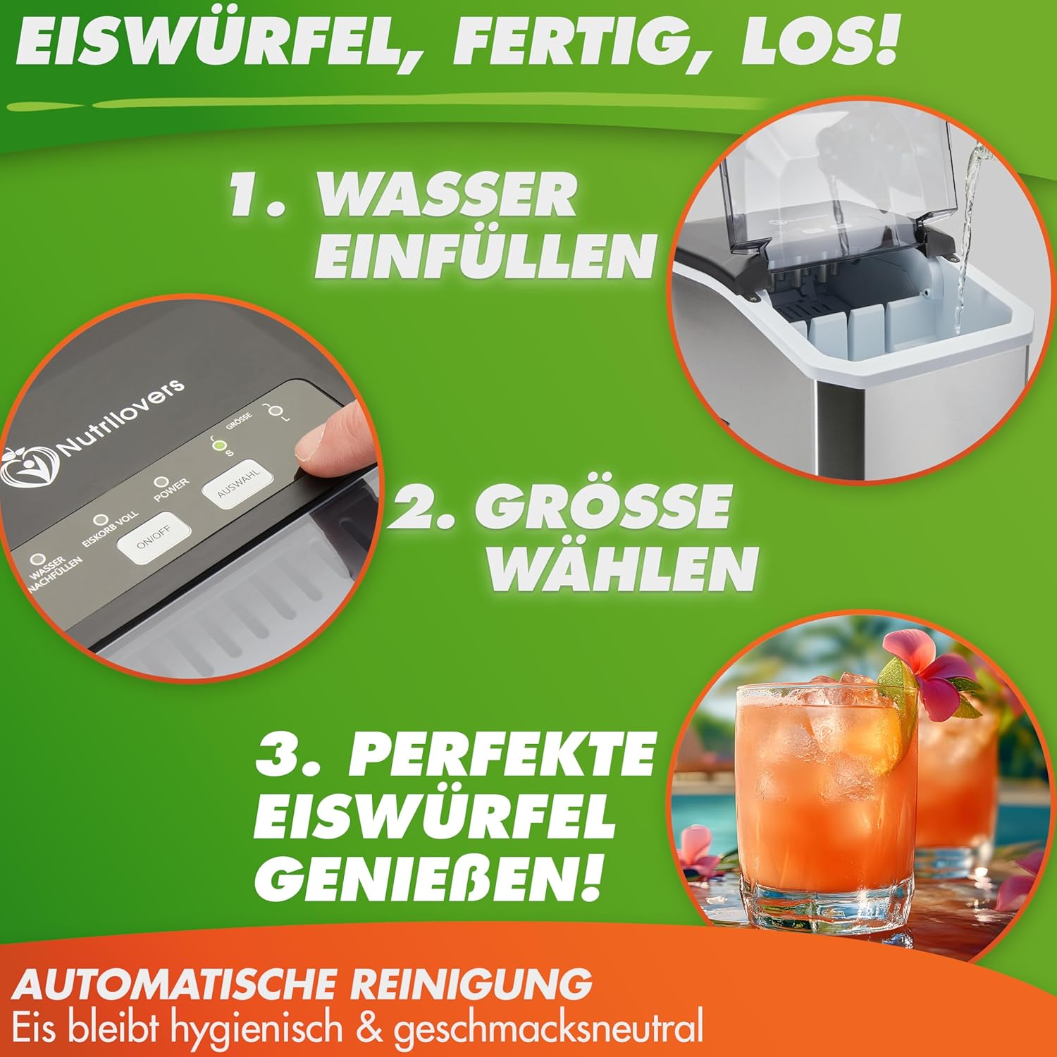 Nutrilovers Eiswürfelmaschine NUTRI-ICE MAKER Edelstahl Eiswürfelbereiter, Transparente Eiswürfel 2 Größen (S/L) inkl. Moscow Mule Becher & Rezeptbuch