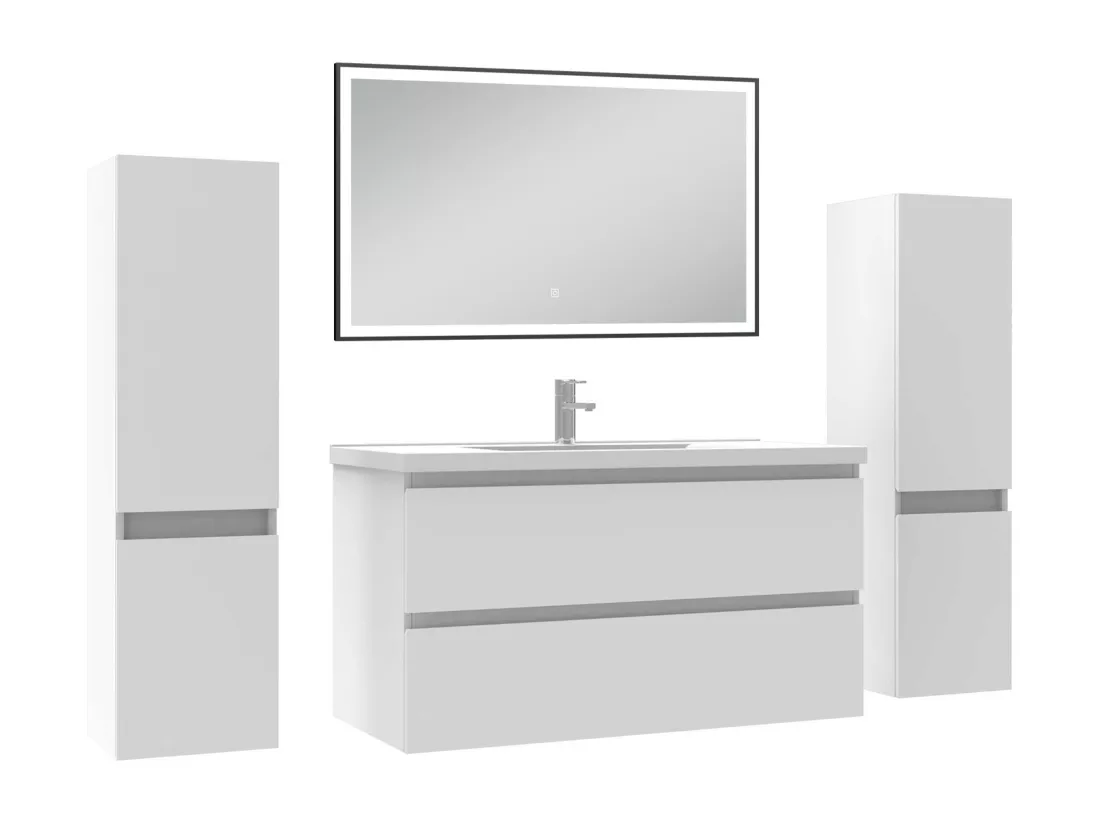 Meubles Salle de Bain 100cm avec colonne et miroir lumineux 3 couleurs blanc
