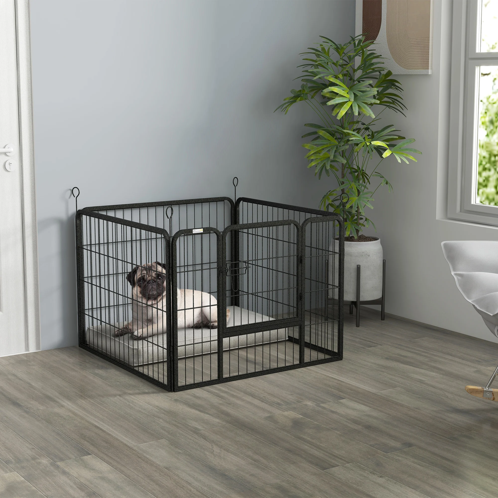 Parque para cães PawHut com 4 painéis, 82x82x60 cm, dobrável, com porta de trava e estrutura metálica, para uso interno e externo, cinza.