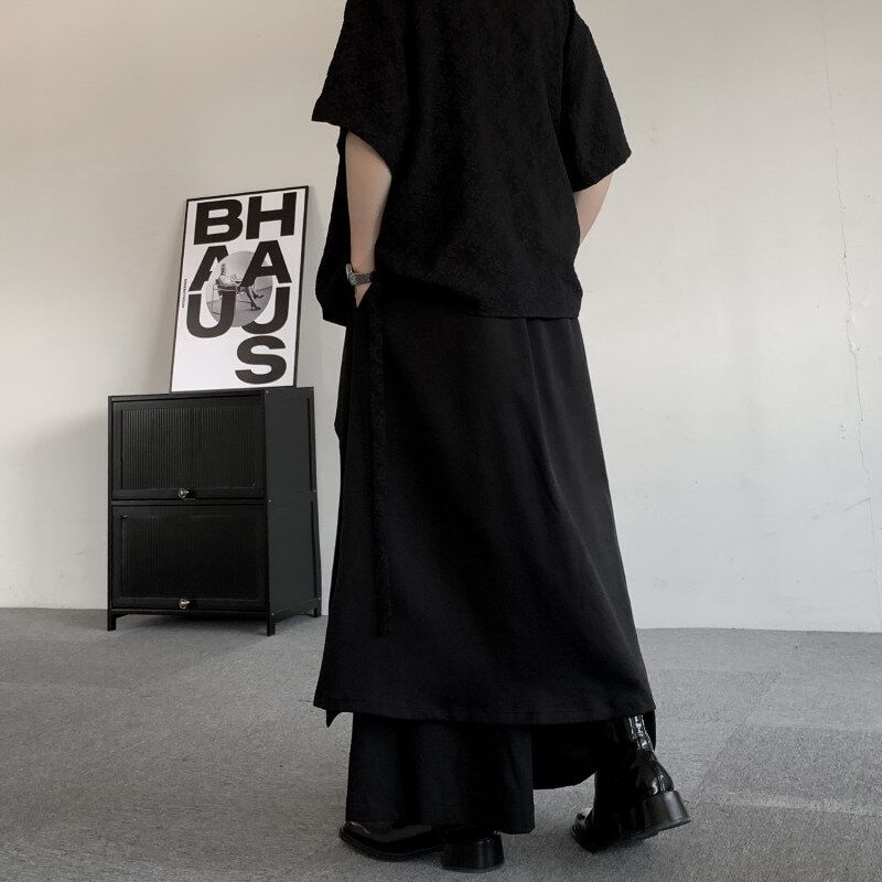 Orungeetun - Mid Rise Plain Skirt Overlay Wide Leg Pants