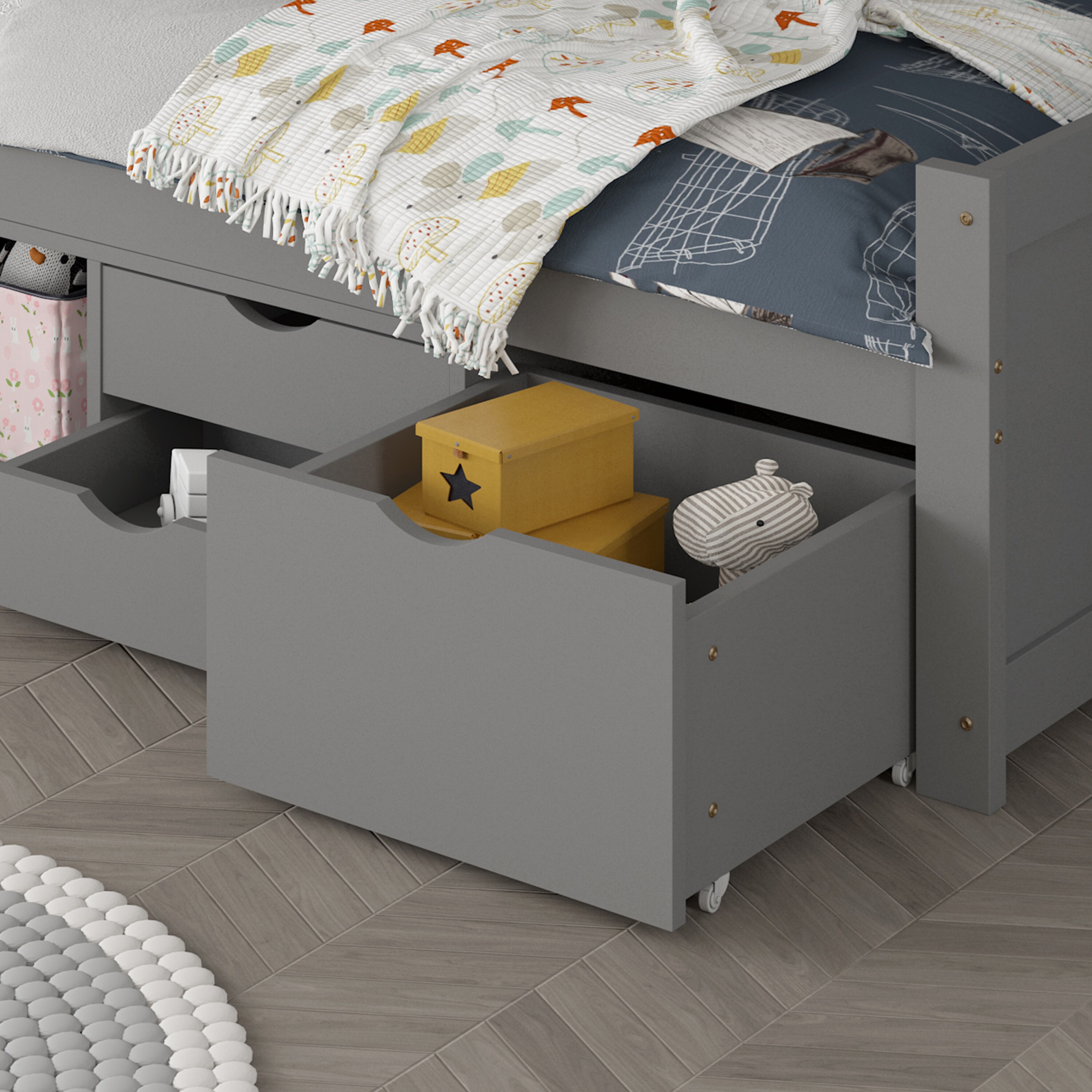 HOME DELUXE Kinderbett COSMOS mit Schubladen – 90 x 200 cm Grau