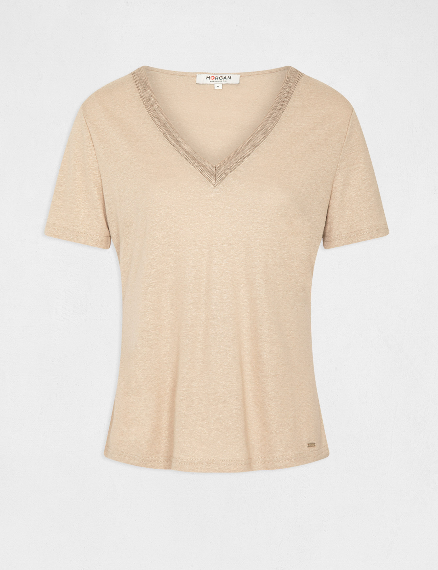 T-shirt manches courtes à col en V beige femme - beige
