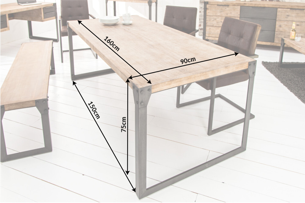 Industrial Design Esstisch FACTORY 160cm Akazie teak-grau weiß gekälkt Metallbeine Kufe