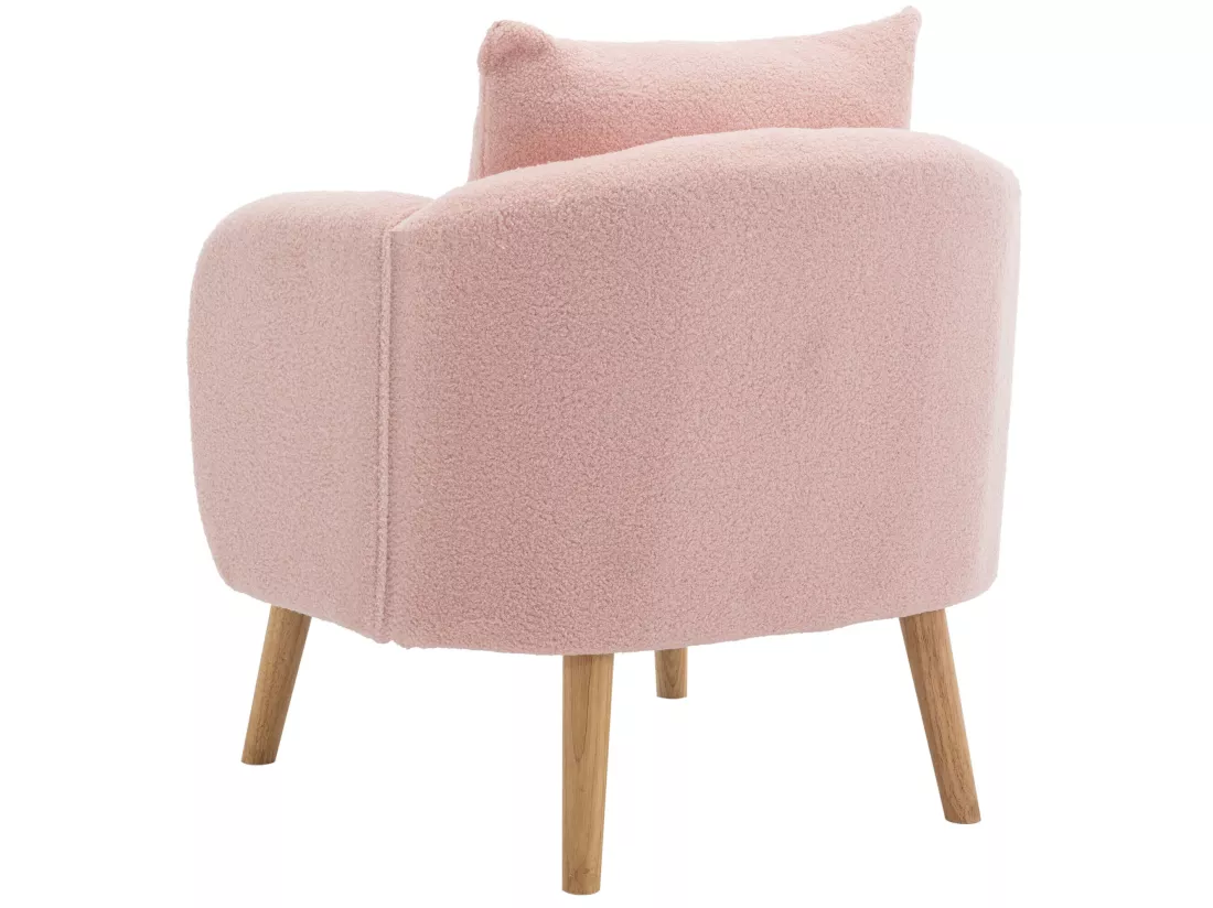 Fauteuil en tissu teddy avec coussin - pieds en bois massif - rose