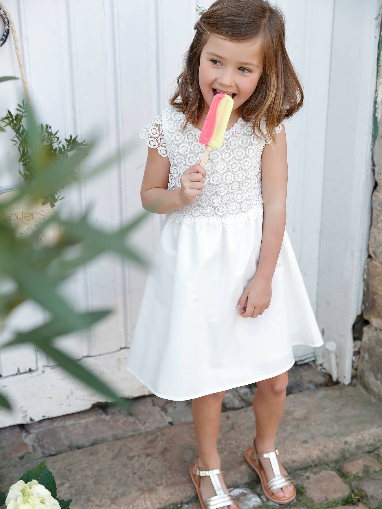 Vestido formal 2 em 1 com sobreposição de macramê, para meninas, branco claro liso