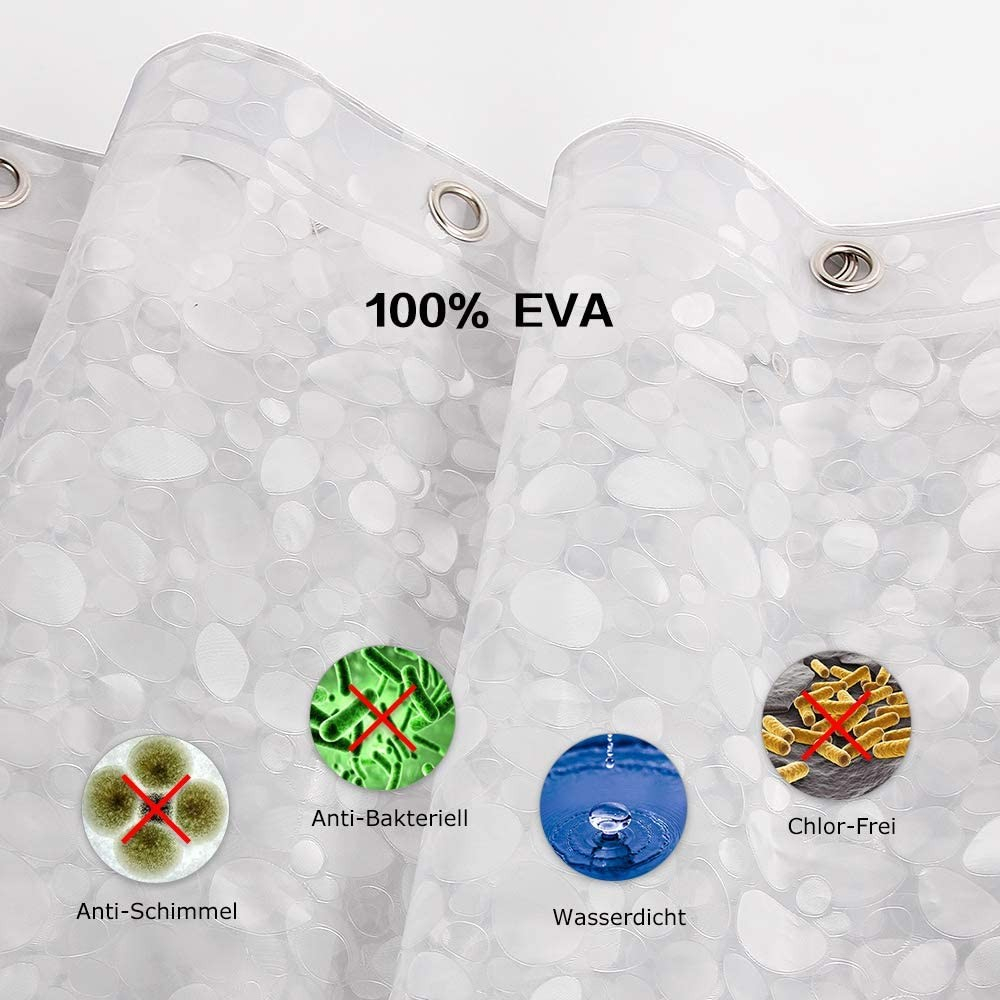 (180x200cm) Anti-Schimmel Duschvorhang EVA-Material inkl. 12 Duschstangen Ringe - Transparent (Kieselstein)
