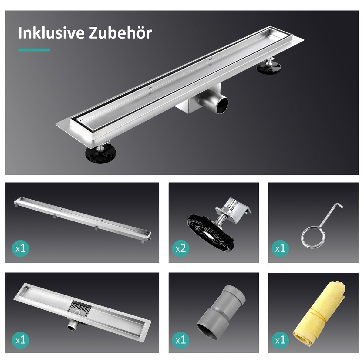 EMKE RVS Douchegoot 30cm Complete Set, Tegelbaar, Vloerafvoer, Douchesifon met Stankafsluiter en Haarfilter, Randafvoer, Douchegoot, Dubbelzijdige Douchegoot voor Badkamers
