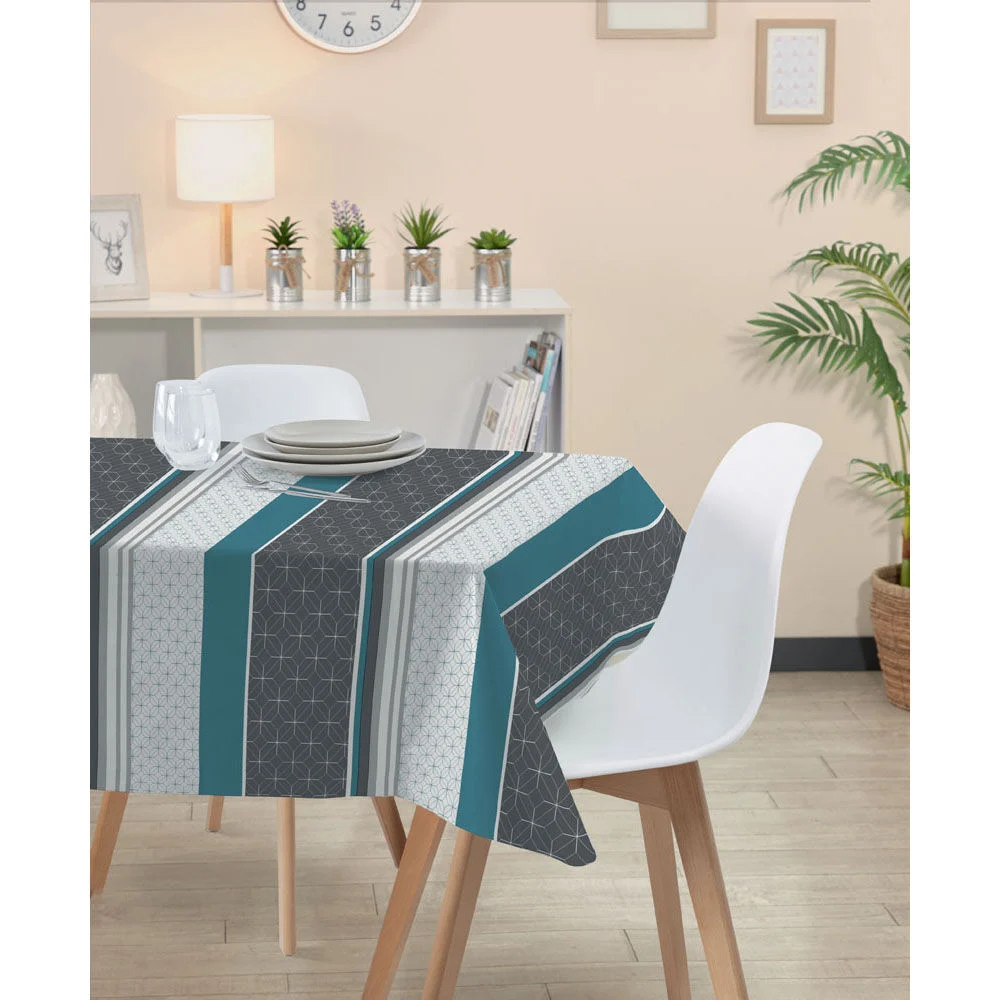 Nappe rectangulaire toile cirée carreau de ciment gris et bleu