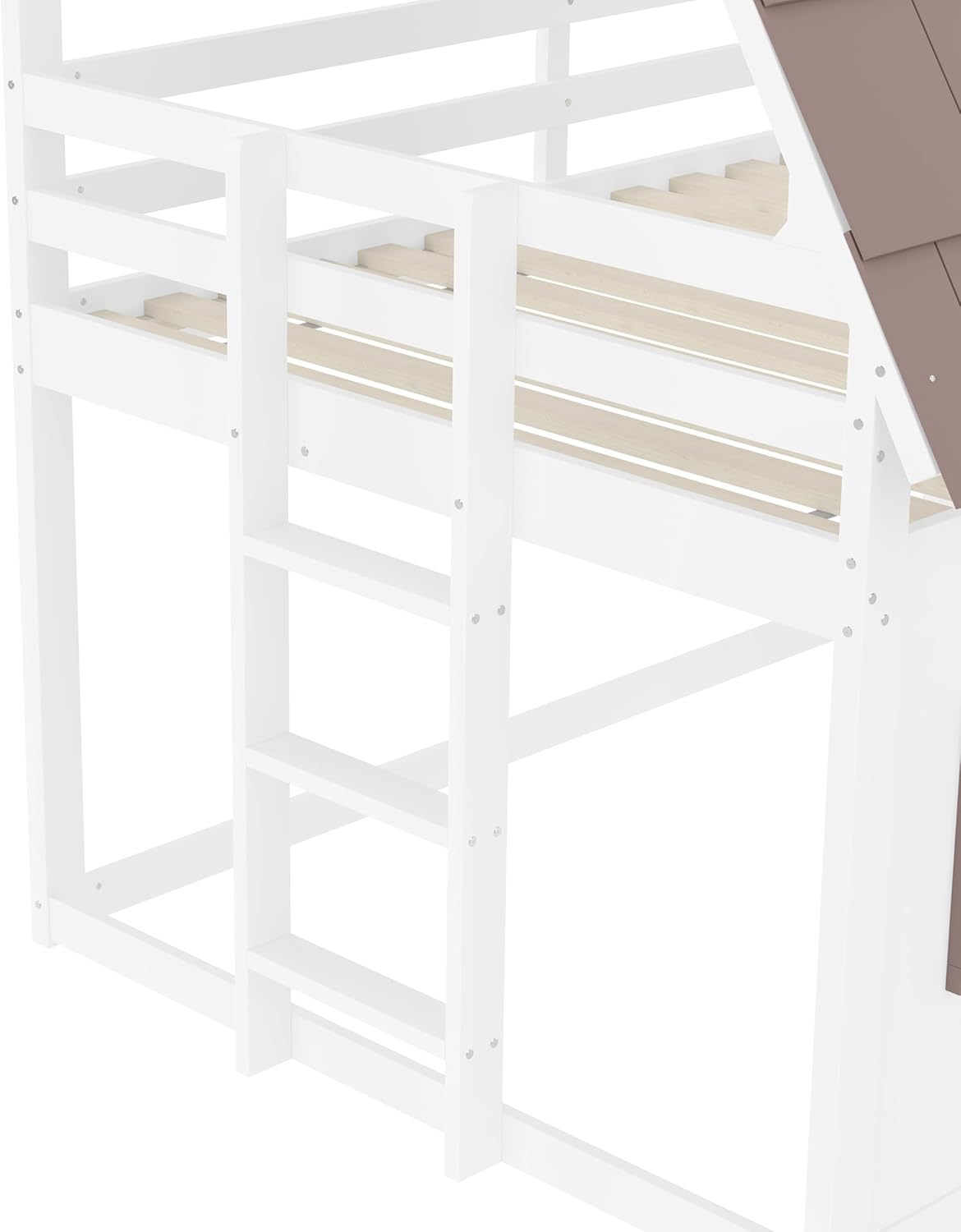 Kinderbett 140x200 cm, Etagenbett mit Dach, Leiter und Rutsche, Hausbett mit Rausfallschutz, Lattenrost aus Holz, MDF+Kiefer, Weiß+Braun, Ohne Matratze