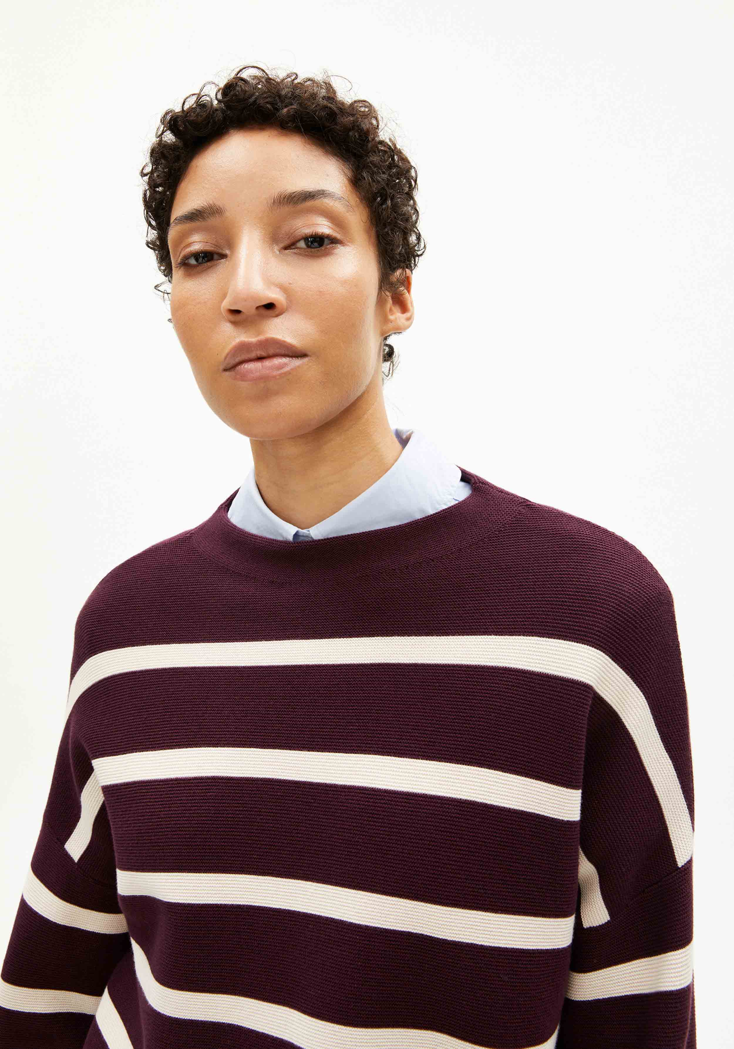 Armedangels Strickpullover Merinaa Stripes Dark Cranberry-Oatmilk