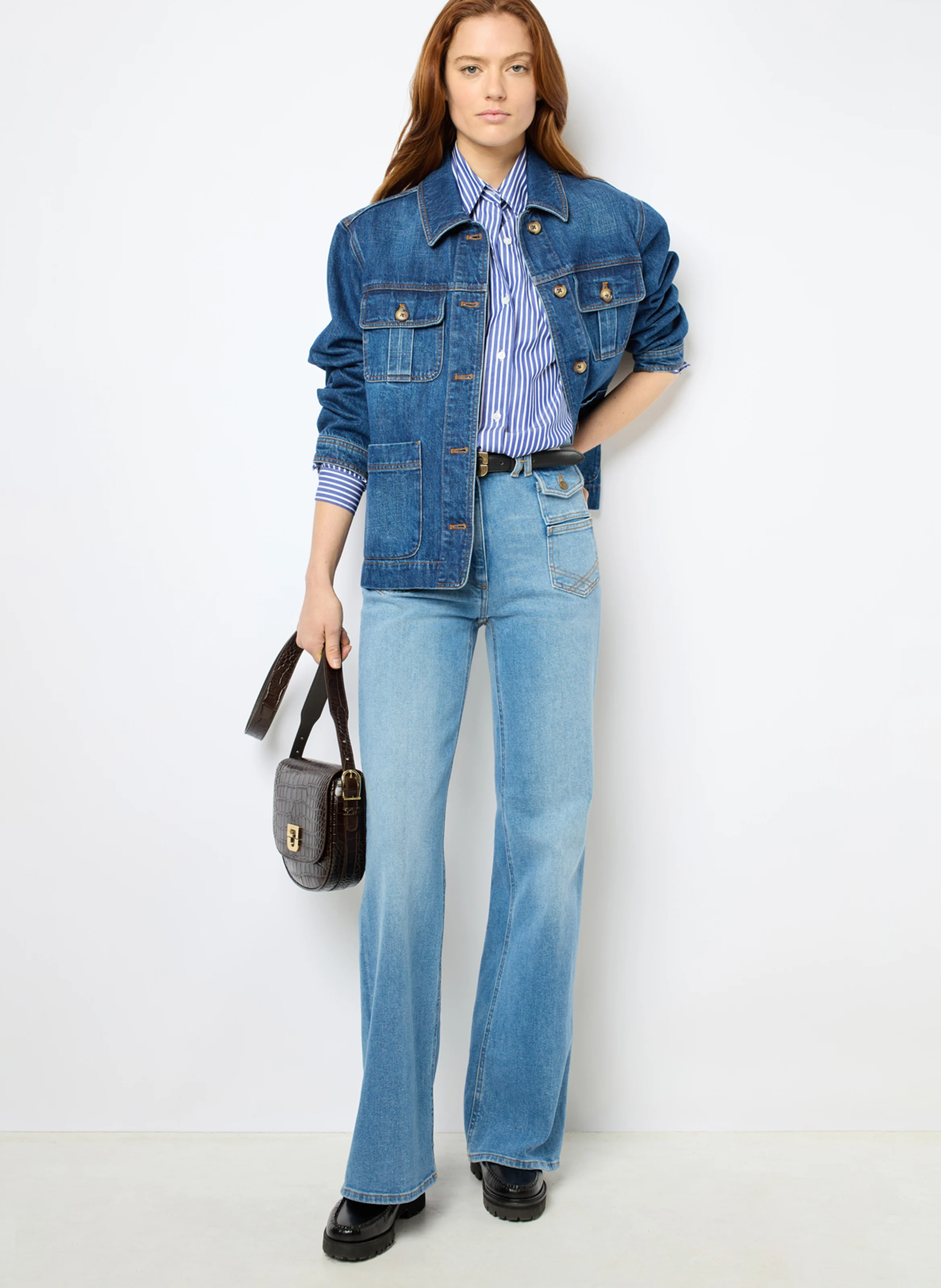 MARCELLINE - Veste droite col classique en coton | Bleu