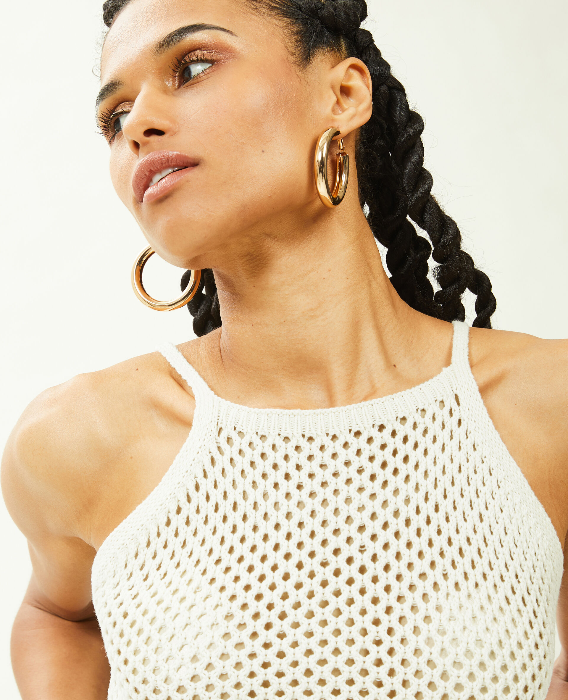 Top en maille ajourée bretelles croisées - Beige